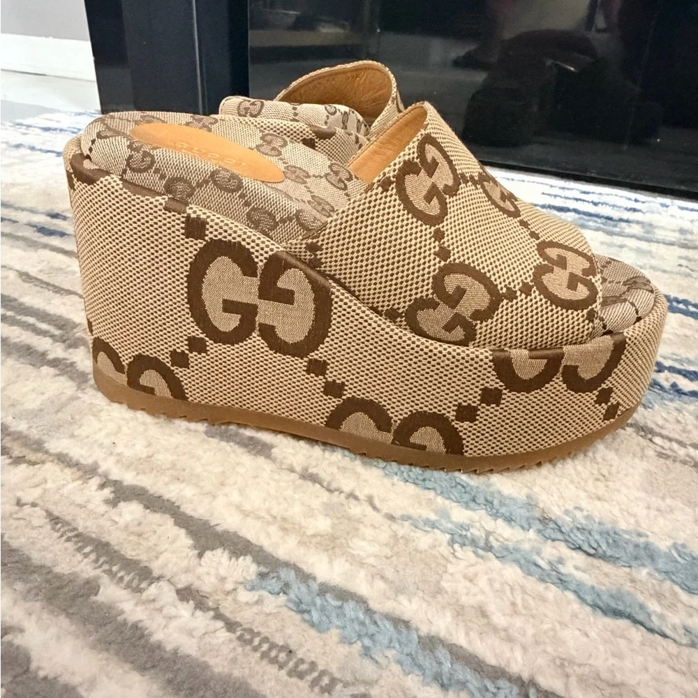 Gucci Beige Brown GG Canvas Platform Slide Sandals